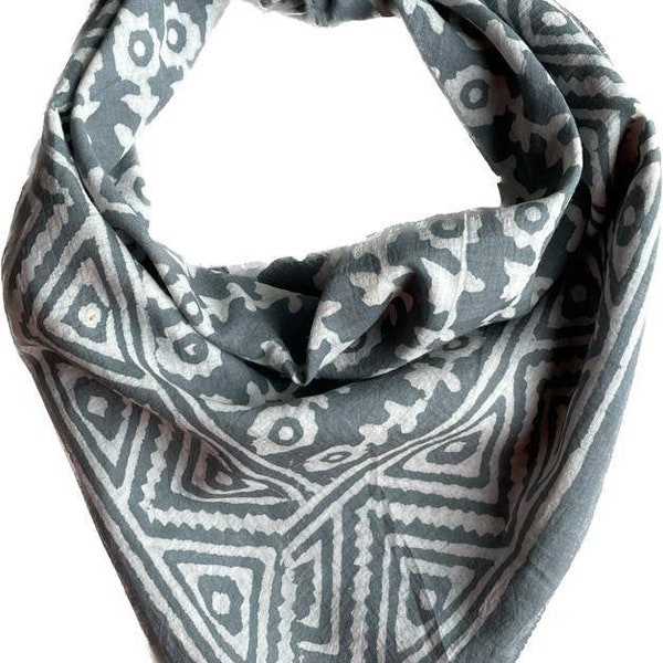 Bandana Scarf Handmade Hand Block Print Gamayun Bandana in Cream, Pumpkin and Steel - Handmade Organic Cotton Bandana