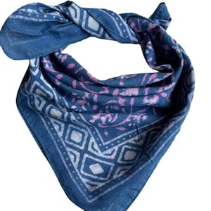 Bandana Scarf Handmade Hand Block Print  Bandana in Cream, Pumpkin and Steel - Handmade Organic Cotton Bandana