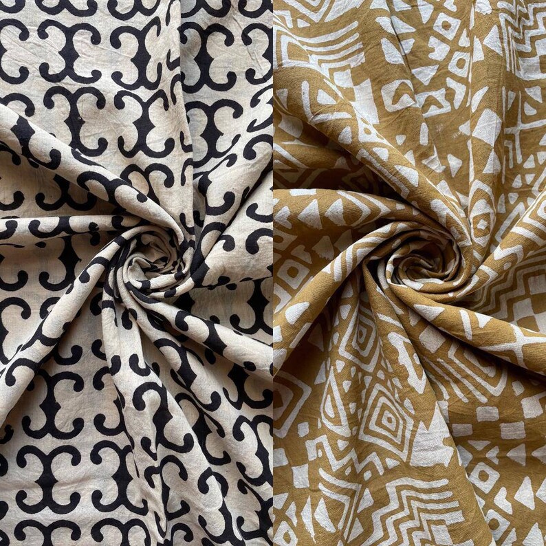 May include: Two fabric swatches with different patterns. The first swatch is white with a black geometric pattern. The second swatch is brown with a white geometric pattern.