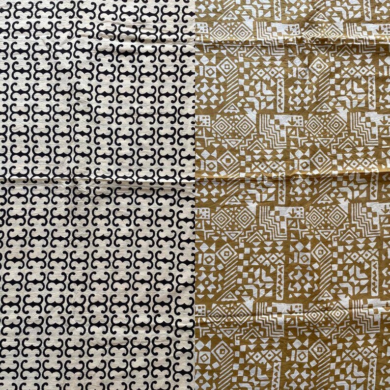 May include: Two fabric swatches with geometric patterns. The left swatch has a black and white repeating pattern. The right swatch has a white and gold repeating pattern.