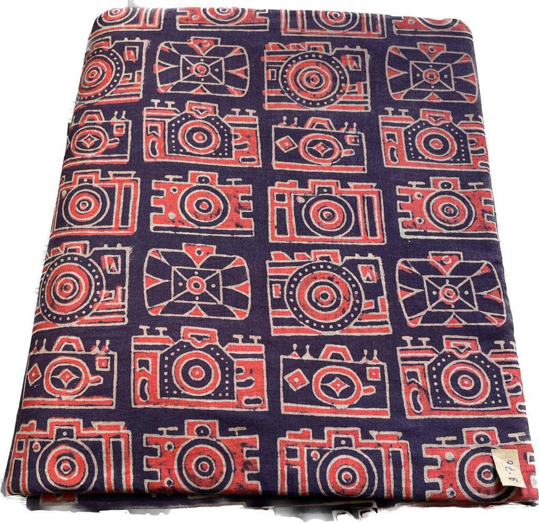 Hand Stamped Indian Cotton Fabric, Camera Block Print, Sewing Quilting ...