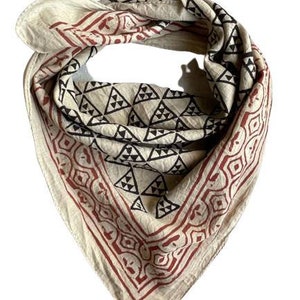 Bandana Scarf Handmade Hand Block Print Gamayun Bandana in Cream, Pumpkin and Steel - Handmade Organic Cotton Bandana