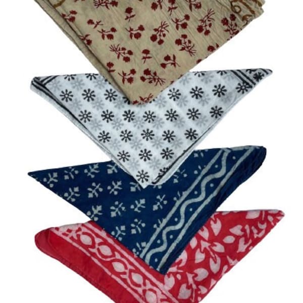 Set of 4 Organic Cotton Bandanas: Paisley Hand Block Print Scarves