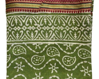 May include: Green cotton fabric with a white paisley pattern and a gold, red, and green border.