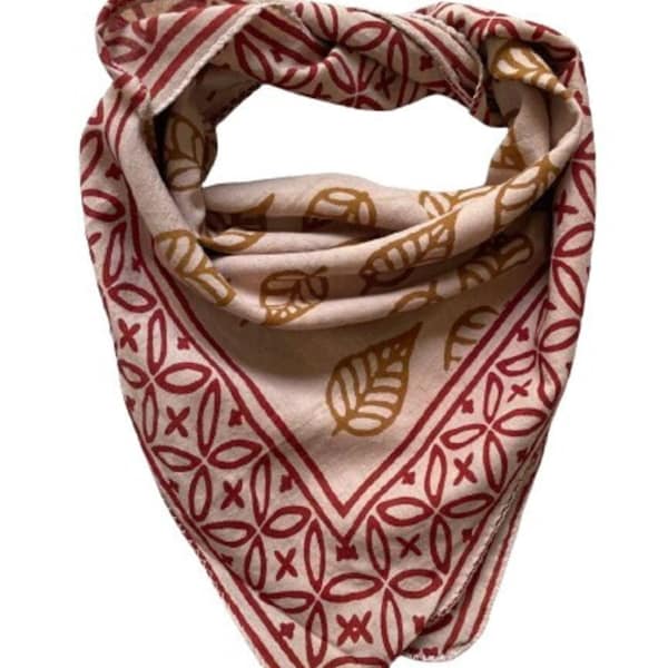 Hand Block Print Cotton Bandana: Natural Dye Scarf, 21" Square