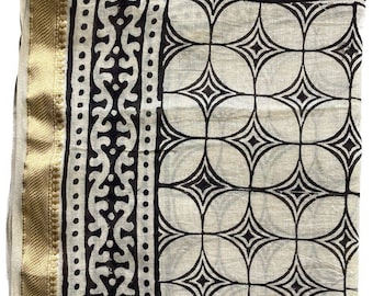 Mooie gouden jari-rand Handbloksjaal, handgemaakte sarong, katoenen sarong, bedrukte sarong, zachte katoenen dupatta