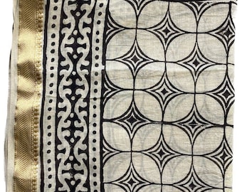 Beautiful Golden Jari Border Hand block print scarves, Hand made Sarong, Cotton Sarong, Printed Sarong, Soft cotton Dupatta