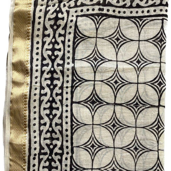 Beautiful Golden Jari Border Hand block print scarves, Hand made Sarong, Cotton Sarong, Printed Sarong, Soft cotton Dupatta