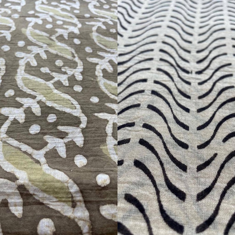 May include: Close-up of two fabric patterns. One features a repeating design of white and light green leaf-like shapes on a brown background. The other has a wavy black line pattern on a light beige background. Both fabrics appear to be textured.