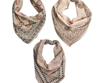 Lot de 3 bandanas en coton imprimé Bagru : foulards, 100 % coton Bandana 21 x 21