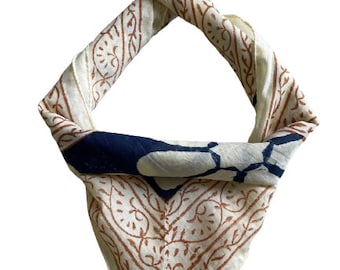 Bandana Scarf Handmade Hand Block Print Gamayun Bandana in Cream, Pumpkin and Steel - Handmade Organic Cotton Bandana