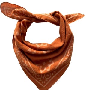May include: A terracotta bandana with a white paisley pattern. The bandana is folded into a triangle shape.