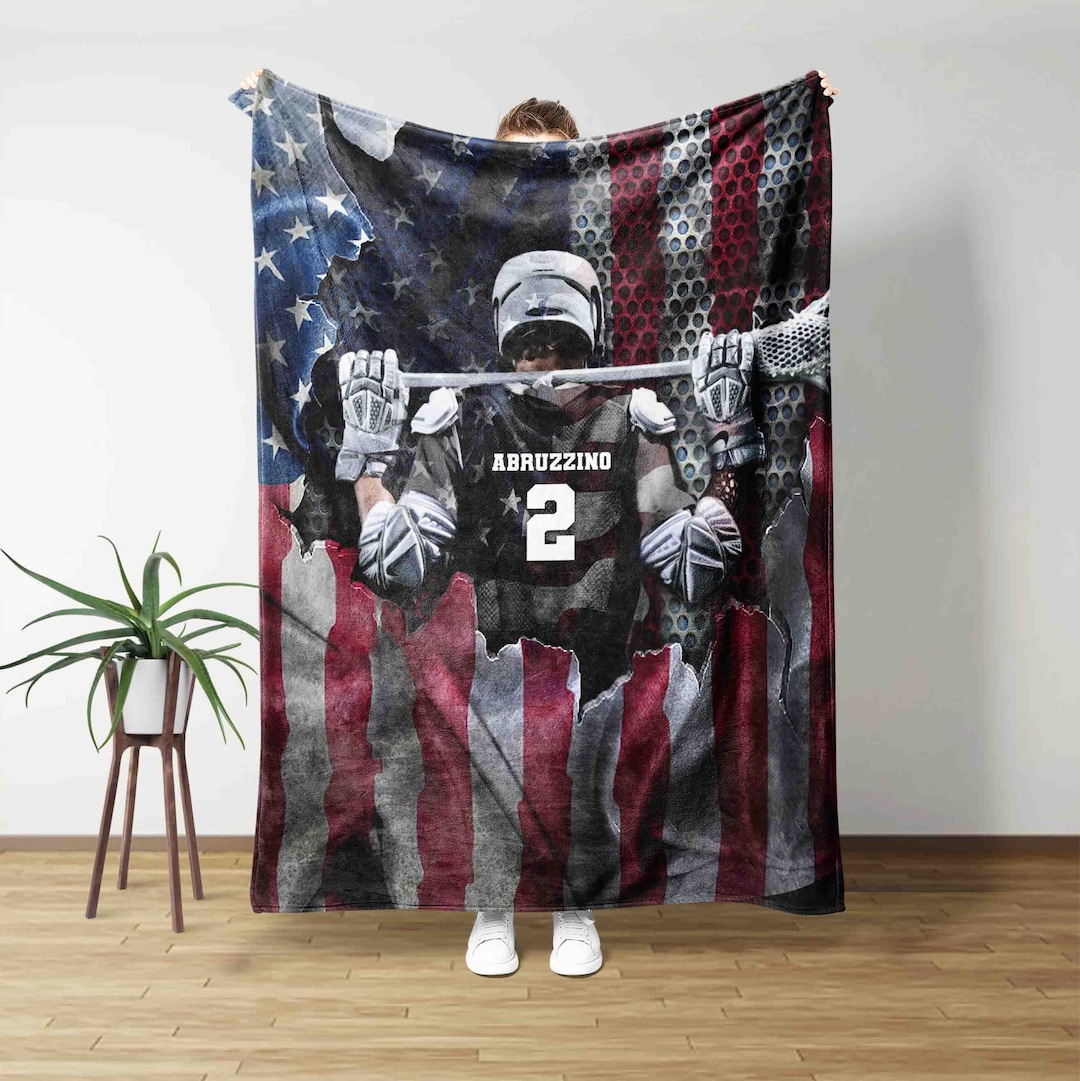 Personalized Lacrosse Blanket, Lacrosse Player US Flag Blanket, Ustom