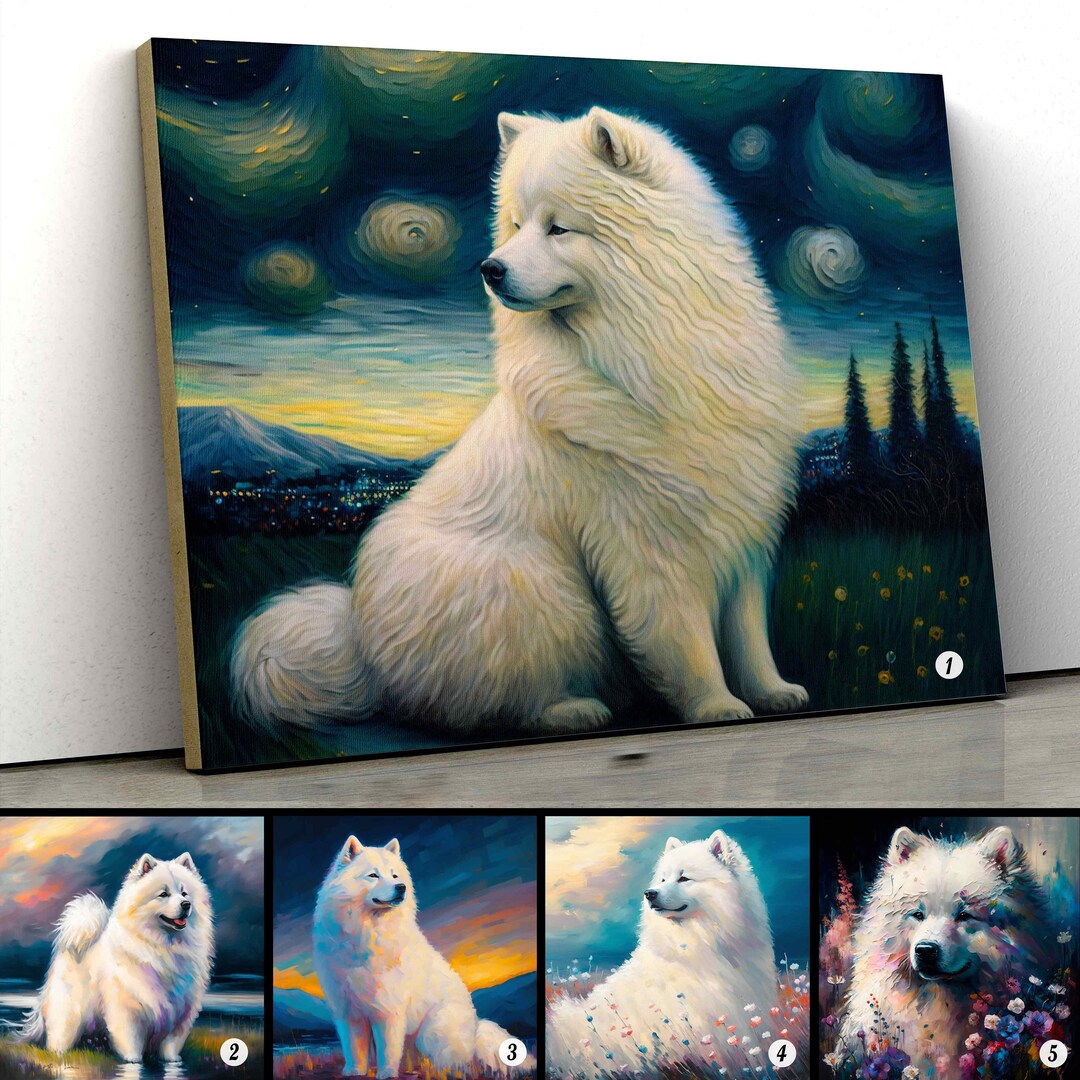 Samoyed Puppy Portraits Canvas, Samoyed Art Prints, Starry Night Canvas