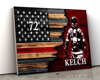 Custom Firefighter Canvas, Fireman Canvas, Thin Red Line Flag Canvas, Gift For Firefighter, Christmas Gift For Dad Grandpa, Custom US Flag