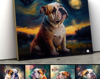 Bulldog Dog Art Starry Night Canvas, Bulldog Lover Gift, Bulldog Canvas Prints, Starry Night Wall Art, Bulldog Home Decor, Christmas Gift