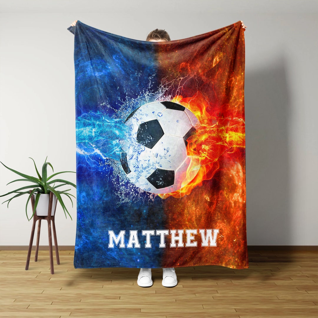 Personalized Soccer Blanket, Fire and Lightning Sports Blanket