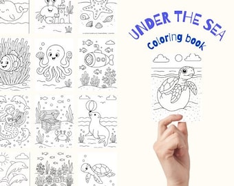 May include: A black and white coloring book titled "Under the Sea" with various sea creatures and scenes. The illustrations include a whale, crab, starfish, octopus, submarine, mermaid, treasure chest, seal, dolphins, and a turtle.