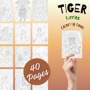 Op de afbeelding: Een kleurboek getiteld "TIGER furries Coloring book" met 40 pagina's. Het boek bevat zwart-wit illustraties van antropomorfe tijgers in verschillende omgevingen en kostuums. Een hand houdt een voorbeeldpagina omhoog.