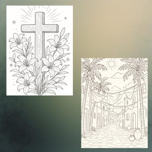 May include: Two black and white line art illustrations. One shows a wooden cross with lilies and floral details. The other depicts a street scene with palm trees, buildings, and hanging fabric.