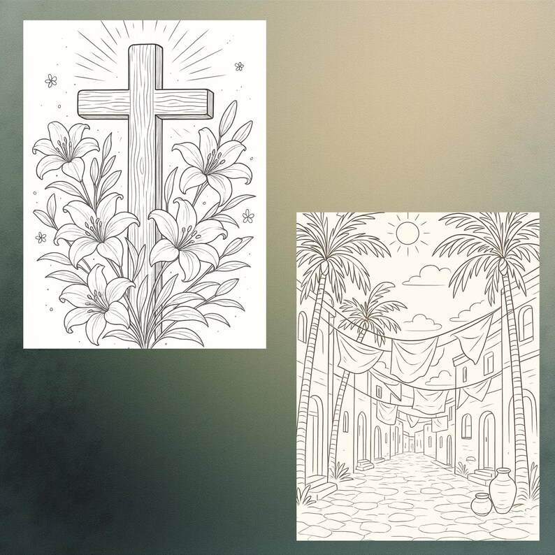 May include: Two black and white line art illustrations. One shows a wooden cross with lilies and floral details. The other depicts a street scene with palm trees, buildings, and hanging fabric.