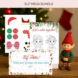 Op de afbeelding: Een "Elf Mega Bundle" met diverse kerstthema-artikelen. Bevat een kleurplaat met twee elfen, een kaart met een elfengrap en uitknipversieringen zoals een kerstmuts, knopen, wanten en een sneeuwpop. Er is ook een klein elfenbeeldje aanwezig.