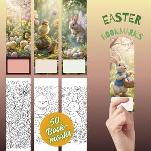 Op de afbeelding: Set paas-thema bladwijzers met kleurrijke illustraties van kuikens, konijnen en versierde eieren. Sommige bladwijzers hebben lege ruimtes voor personalisatie. De set bevat 50 bladwijzers met de tekst "Easter Bookmarks".