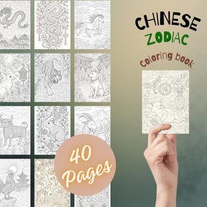 Op de afbeelding: Een "Chinese Zodiac Coloring book" met 40 pagina's, met gedetailleerde illustraties van dierenriem dieren en traditionele Chinese elementen. De cover toont de tekst "Chinese Zodiac Coloring book". De afbeelding wordt door een hand vastgehouden.