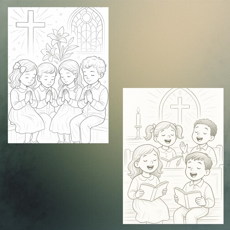May include: Two black and white illustrations depicting children in a church. One shows four children praying, with a cross and stained-glass window behind them. The other shows children singing and reading from books.