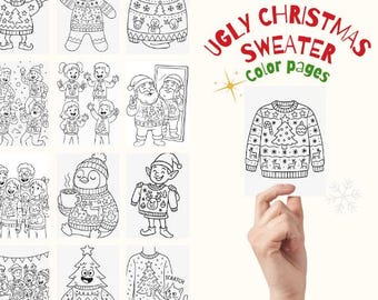 30 brzydkich świątecznych swetrów do kolorowania | Zabawne materiały do druku na świąteczne przyjęcie | Kolorowanka rodzinna (PDF)