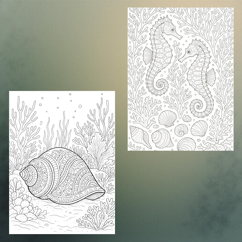 May include: Two black and white coloring pages featuring marine life. One page shows a detailed seashell surrounded by coral. The other page depicts two seahorses and several seashells amidst coral.
