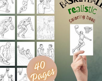 40 pagine da colorare realistiche di basket | Libro da colorare sportivo per adulti e bambini | Disegno dettagliato di basket | Download PDF immediato