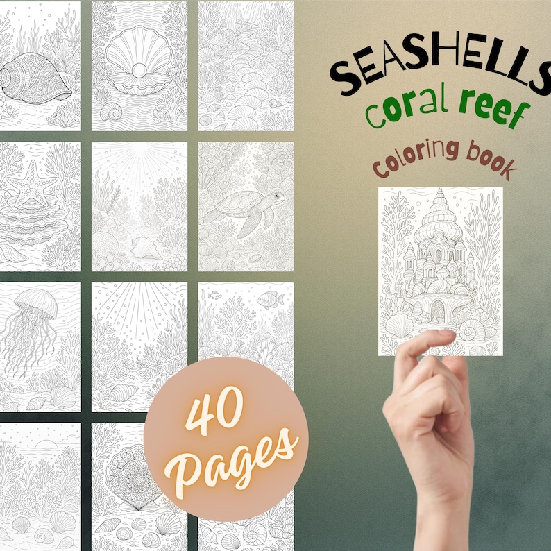 May include: A coloring book with seashell and coral reef designs. The cover reads "Seashells Coral Reef Coloring Book" and shows a hand holding a sample page. The image also shows a round sticker that says "40 Pages".