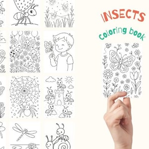 Op de afbeelding: Een kleurboek getiteld "INSECTS" met diverse insectenillustraties. Het boek wordt door een hand vastgehouden, waarbij een pagina met een vlinder en bloemen te zien is. De illustraties zijn zwart-wit lijntekeningen, perfect om in te kleuren.