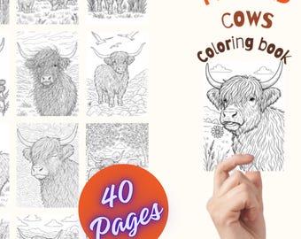 40 pagine da colorare di mucche delle Highlands per adulti | Mucca scozzese dettagliata da stampare | Rilassante PDF da colorare per adulti