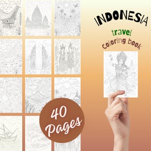May include: An Indonesia travel coloring book with 40 pages. The cover features the word "Indonesia" in black, with "travel" and "coloring book" in green and brown. The pages contain line drawings of Indonesian landmarks and cultural scenes.