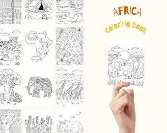 May include: A coloring book with the title "AFRICA" in orange and yellow lettering. The book features black and white illustrations of African animals and landscapes, including elephants, giraffes, and a leopard. The book is held by a hand.