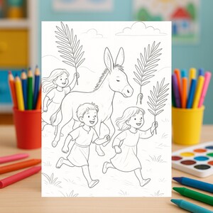 May include: Black and white line art illustration of children running with palm branches, followed by a donkey. The image is a colouring page, suitable for children's activities and religious education.
