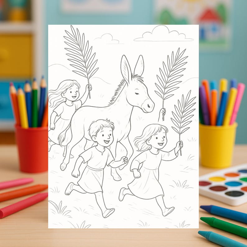 May include: Black and white line art illustration of children running with palm branches, followed by a donkey. The image is a colouring page, suitable for children's activities and religious education.