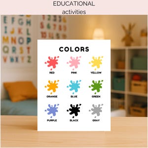 Op de afbeelding: Een witte educatieve poster met het woord "KLEUREN" bovenaan. Daaronder staan negen kleurstalen in rood, roze, geel, oranje, blauw, groen, paars, zwart en grijs. De tekst "EDUCATIONAL activities" staat bovenaan.