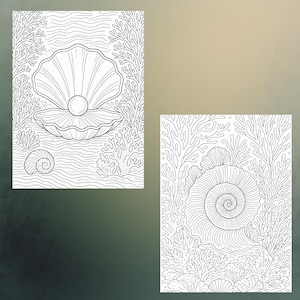 May include: Two black and white line art illustrations of marine life. One shows an open clam shell with a pearl, surrounded by coral and seaweed. The other depicts a spiral seashell with coral and seaweed.