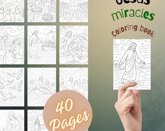 Libro da colorare per bambini sui miracoli di Gesù | Pagine da colorare della Bibbia cristiana | Nutrire 5000, camminare sull'acqua | PDF stampabile