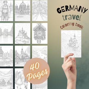 Op de afbeelding: Een kleurboek over Duitsland met 40 pagina's. De omslag toont een hand die een tekening van een kasteel vasthoudt. Het boek bevat gedetailleerde zwart-wit illustraties van Duitse bezienswaardigheden en scènes, met de tekst "Germany travel coloring book".