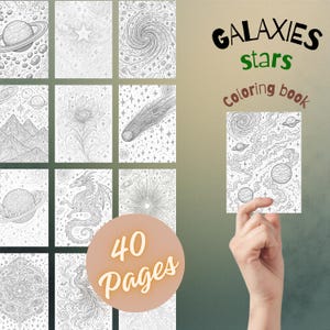 Op de afbeelding: Een kleurboek met 40 pagina's gedetailleerde galaxy- en sterontwerpen. De cover toont de woorden "GALAXIES stars Coloring book". De pagina's bevatten illustraties van planeten, sterren en hemelse patronen, ideaal om creatief te kleuren.