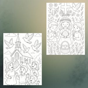 May include: Two black and white illustrations. One shows children waving at a church with doves flying above. The other depicts children with a cross, flowers, and an Easter egg basket. Both are line drawings.