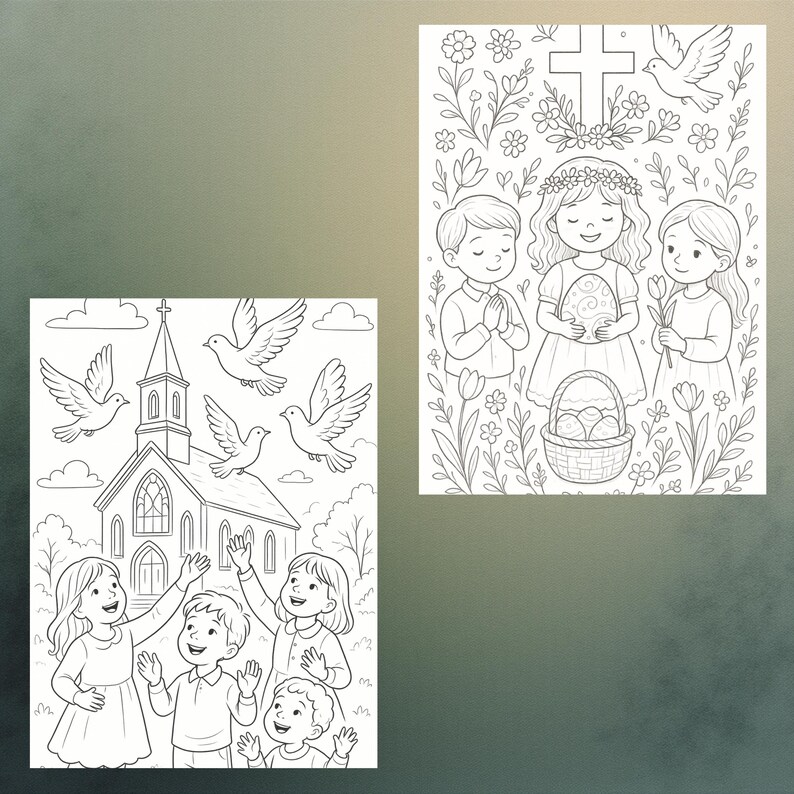 May include: Two black and white illustrations. One shows children waving at a church with doves flying above. The other depicts children with a cross, flowers, and an Easter egg basket. Both are line drawings.