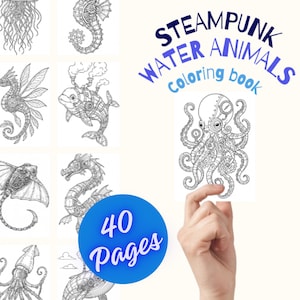40 Steampunk Water Animals Coloring Pages | Mechanical Ocean & River Creatures | Steampunk Printable PDF