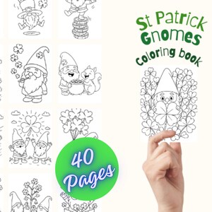 Op de afbeelding: Een kleurboek voor St. Patrick's Day met kabouters en klavers. De omslag toont de titel "St Patrick Gnomes coloring book" en een groene cirkel met de tekst "40 Pages". De illustraties in het boek zijn zwart-wit.