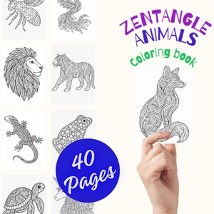 Op de afbeelding: Een Zentangle Animals kleurboek met diverse dierenillustraties, waaronder een bij, een leeuw, een tijger en een vos. De cover toont de tekst "Zentangle Animals coloring book" en een blauwe cirkel met "40 Pages" erop.