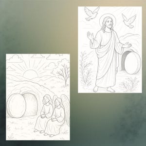 May include: Two black and white illustrations depicting religious scenes. One shows Jesus with doves and a tomb. The other shows two figures seated near a tomb with a sunrise in the background. Both are line drawings.